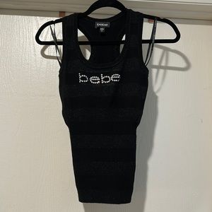 Ladies black and silver Racerback tank top with Bebe logo